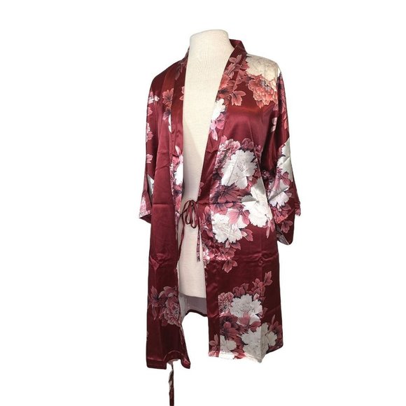 Asian-inspired Floral Kimono Robe Maroon Red w/Pink and White Flowers Womens OS - Picture 4 of 7